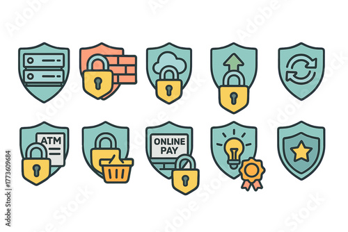 Security-themed icons set with shield and padlock in line style