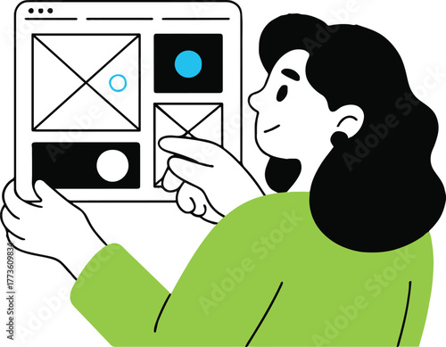 Woman holding a screen with wireframes and circles in a green shirt smiling with black hair