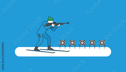 A biathlete takes aim at a target while standing on skis the bright snow contrasting with the focused concentration on their face.