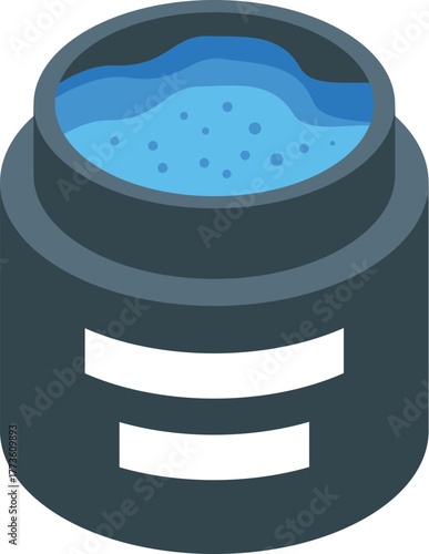 Open protein powder sport nutrition container with blue powder inside, healthy bodybuilding supplement