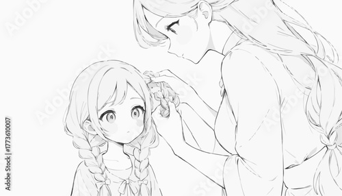 Mother braiding her daughter's hair outline drawing for coloring