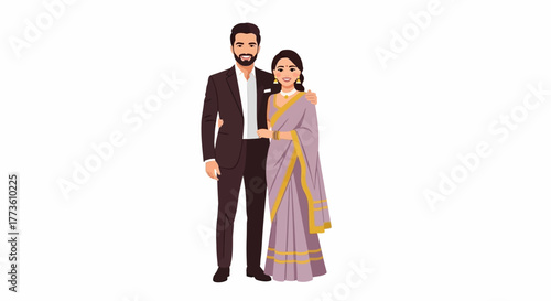 Illustration of a man in a suit standing next to a woman in a traditional Indian sari against a plain white background.