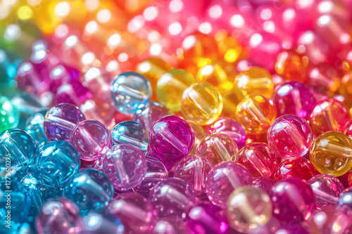 Close Up Of Colorful Round Beads In A Vibrant Array Of Rainbow Colors With Soft Bokeh Background