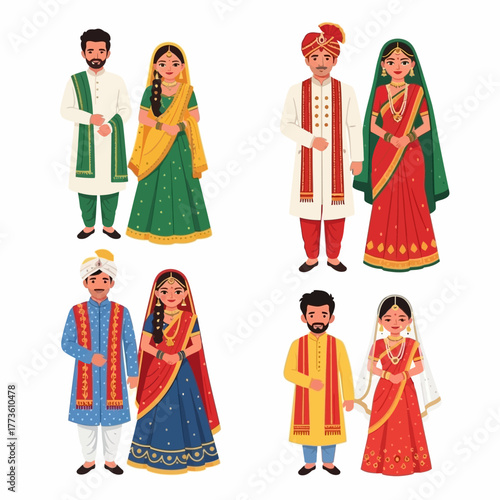 Illustration of diverse Indian couples and individuals in traditional attire against a white background