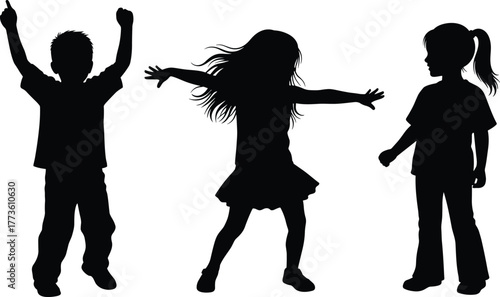 Children silhouette, playful pose, joyful movement, expressive kids, dancing outdoors, carefree childhood, happy moment, energetic youth, fun interaction, summer light, artistic shadow
