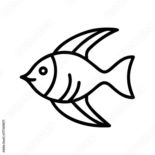 Simple black outline fish icon, minimalist vector illustration of a tropical aquarium fish symbol for graphic design.