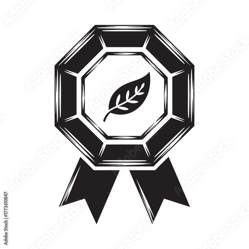 Hand drawn black octagon award ribbon with leaf symbol for eco friendly product