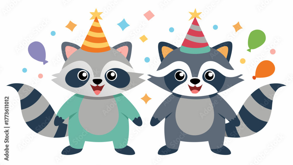 Naklejka premium A vibrant vector illustration of two cute raccoons in party hats surrounded by balloons and confetti. Perfect for children's cards, birthday invitations, banners, and holiday-related designs