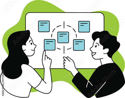 Two people discussing a whiteboard with post it notes in a meeting or brainstorming session setting