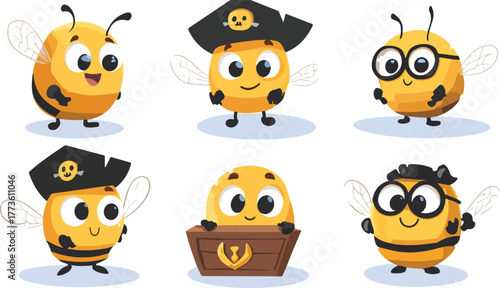 A fun collection of cartoon characters including an Android, a bee, and an orange, all in a cute vector illustration set