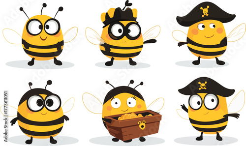 Funny cute cartoon bee and honey set vector icon collection illustration for children's design