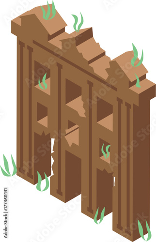 Crumbling abandoned building with overgrown vegetation represents urban decay and the passage of time in isometric perspective