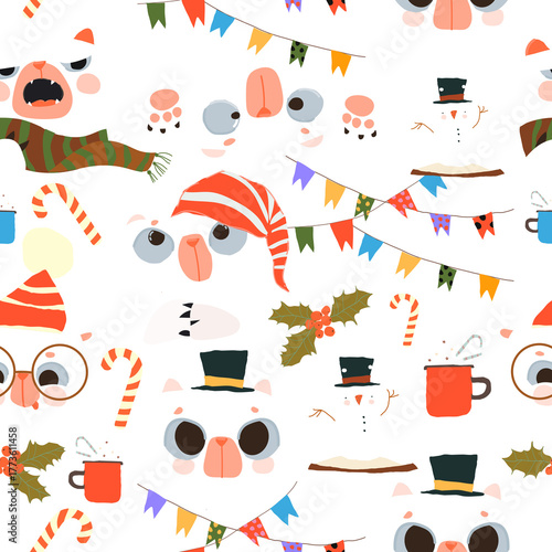 Vector Seamless Pattern With Cute Polar Bear Faces and Christmas Elements