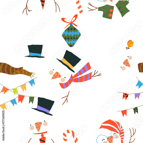 Vector Seamless Pattern With Cute Snowmen