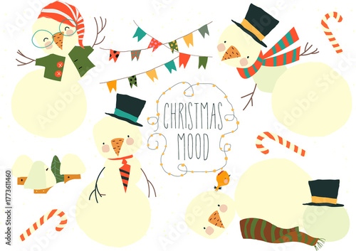 Vector Cartoon Set With Cute Snowmen and Christmas Elements