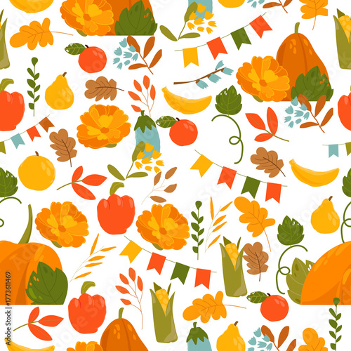 Vector Seamless Pattern With Autumn Leaves, Vegetables and Pumpkins