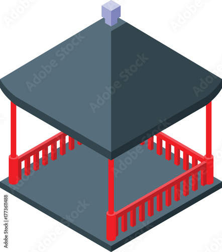 Traditional asian gazebo with red railing and dark grey roof creating a peaceful outdoor space, isometric projection