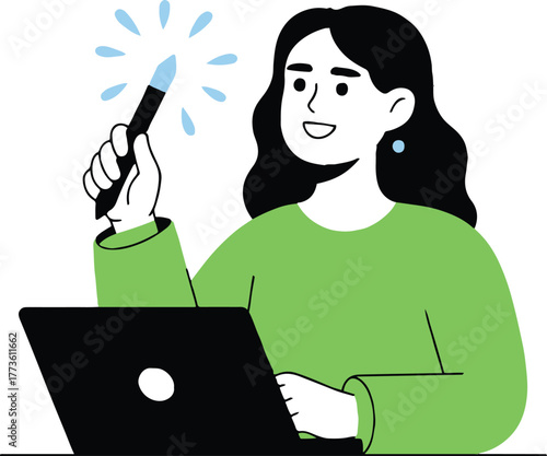 Woman with laptop holding stylus with blue sparkles in a green shirt and black hair illustration
