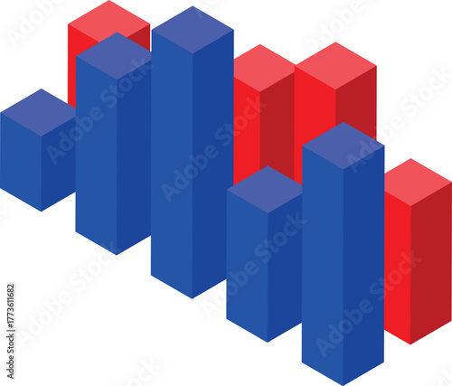 Red and blue bars represent growth and decline in an isometric projection, perfect for visualizing data trends