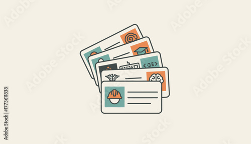 A stack of identity cards diplaying various roles and professions illustrating the multifaceted nature of identity in a digital society.
