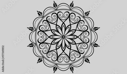 Intricate black and white ornamental mandala design with floral and heart shaped elements on a light grey background