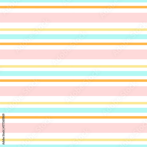 Minimal pastel horizontal stripes pattern with soft pink, light blue, yellow, and orange lines. Clean and simple background design for fabric, wrapping paper, wallpaper, or digital projects.