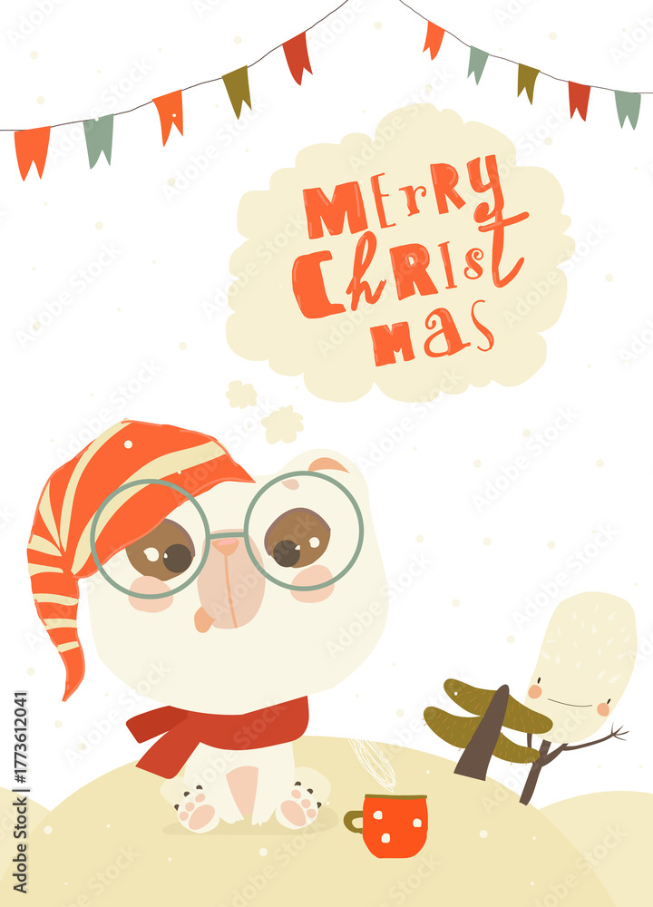 Fototapeta premium Cute Polar Bear celebrating Christmas. Vector Illustration