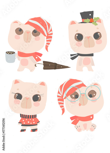 Set of Cute Polar Bears celebrating Christmas on Blue Background. Vector Illustration