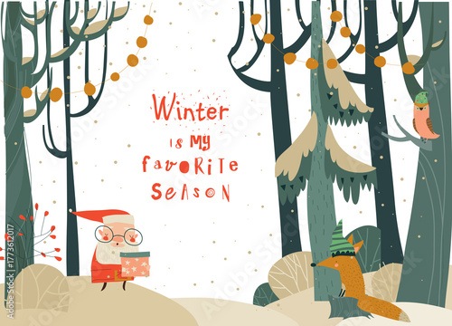 Magical Winter Forest at Night With Santa Claus. Christmas or New Year Greeting Card. Vector Illustration.