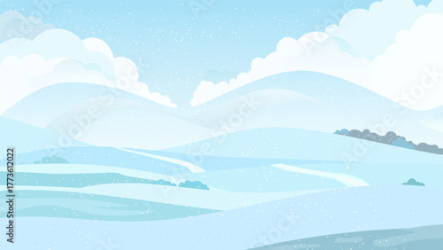 Abstract winter landscape with snowy hills, cloudy sky and snowflakes