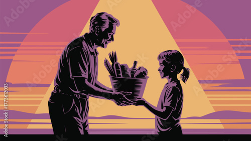 Man giving basket of vegetables to a girl with sunset background in a stylized illustration