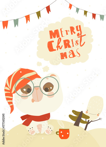 Cute Polar Bear celebrating Christmas. Vector Illustration