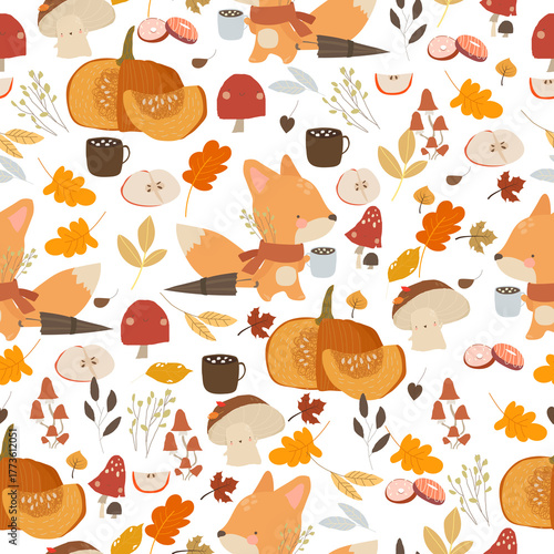Vector Seamless Pattern With Fox, Autumn Leaves, Vegetables and Pumpkins