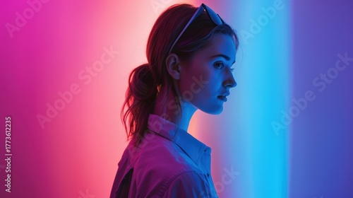 Woman Looking at Phone in Neon Light Photo. Fictional Character Created By Generative AI