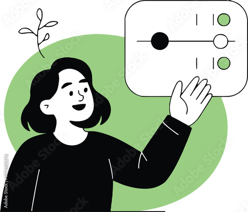 A woman adjusting a slider control interface with a green background and stylized plant design element