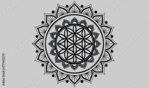 Intricate geometric mandala design featuring the flower of life symbol in black and white