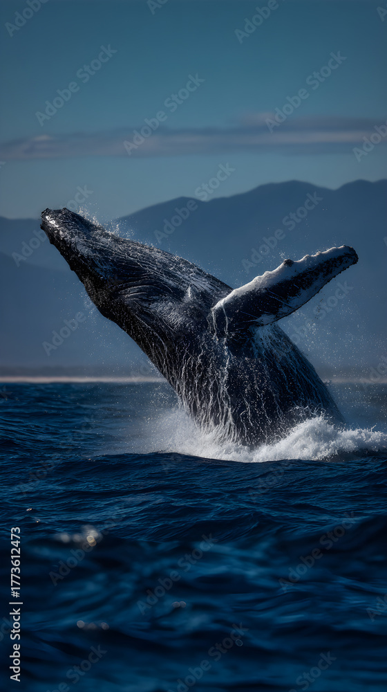 Fototapeta premium Spectacular Breach: Witnes the Breathtaking Display f Humpback Whales Leaping rom the Ocean in a Stunnin Exhibition of Nature's Woders
