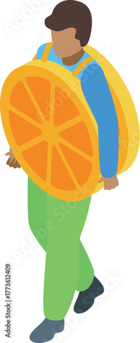 Promoter walking and wearing a giant orange slice costume during a promotional event for citrus products