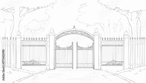 Line drawing of an ornate gated entrance surrounded by trees and a fence