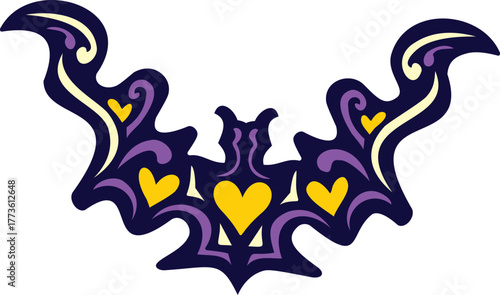 Decorative purple love yellow hearts bat vector illustration ornament tribal animal clipart design element 