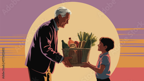 Illustration of a boy handing a basket of groceries to an older man with a sunset background