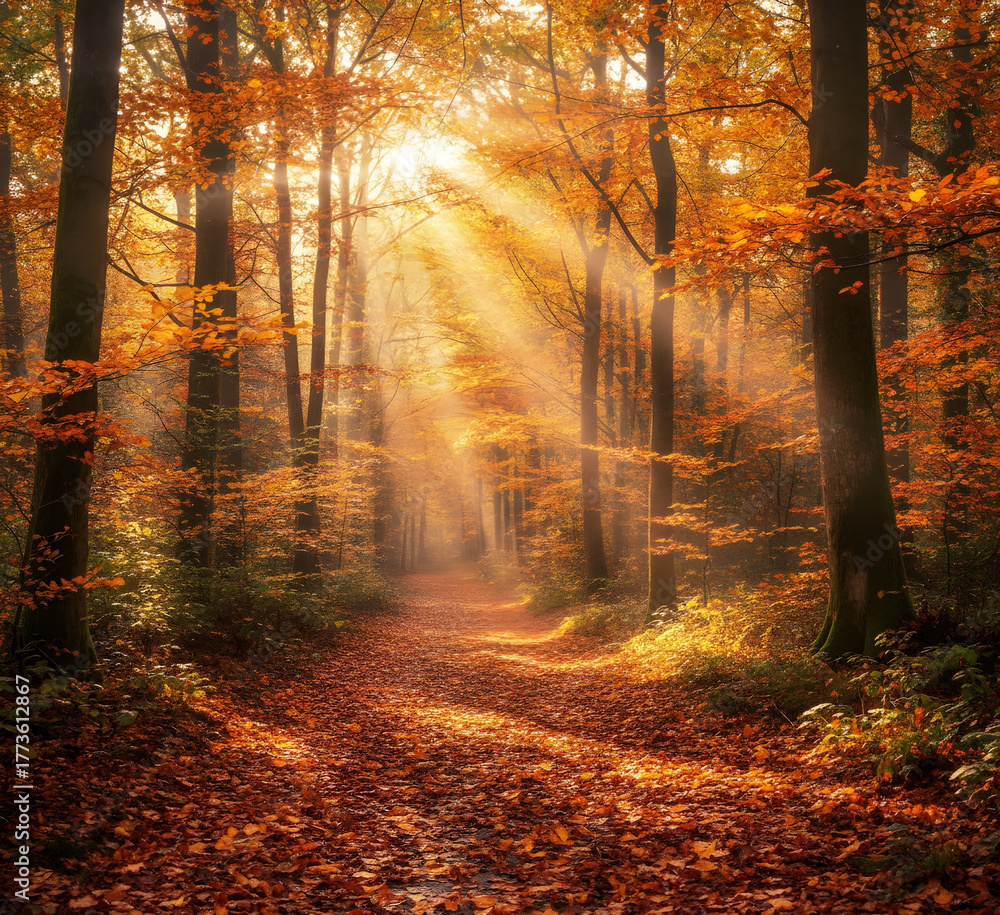 Obraz premium illustration - Forest scene among orange trees in autumn and sunlight. Fantasy and autumn scene.