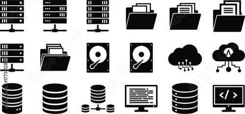 Data server icons, cloud computing symbols, database storage, IT infrastructure, coding monitor, file folder, hard disk drive, network technology, digital