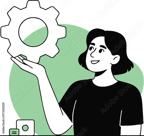 Woman holding a gear with a green circle background and small square and rectangle shapes nearby