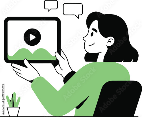 Woman watching video on tablet with chat bubbles and plant on desk in a minimalist illustration
