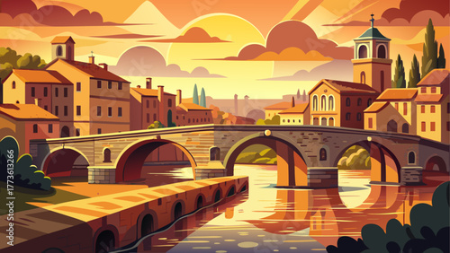 Vector of an old bridge over river in a historic European city, stone arches, golden sunlight, calm nostalgic atmosphere