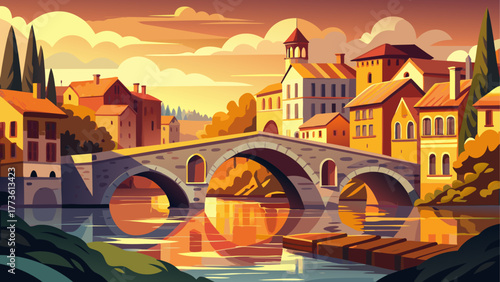 Vector of an old bridge over river in a historic European city, stone arches, golden sunlight, calm nostalgic atmosphere