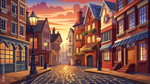 vintage vector of an old European street with cobblestone road, gas lamps, brick buildings, warm evening light, nostalgic historical cityscape atmosphere