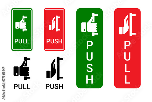 Green PUSH and Red PULL Door Instruction Icons with Hand Gestures for Entryway Signage