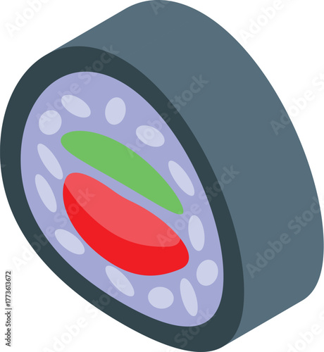 Isometric view of a sushi roll showing tuna and avocado ingredients, representing japanese cuisine and healthy eating